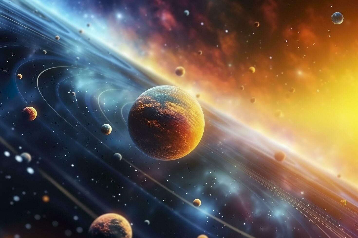 Our 3d Solar system with planets in orbits path. AI Generative photo