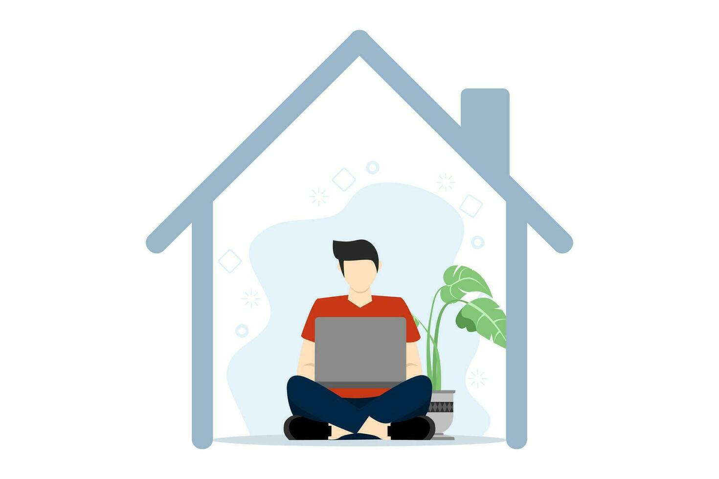 male freelancer concept working from home. Workplace with cartoon man. Stay home and safe. Work in focus, productivity and self-discipline. Coworking spaces and offices. Flat vector illustration