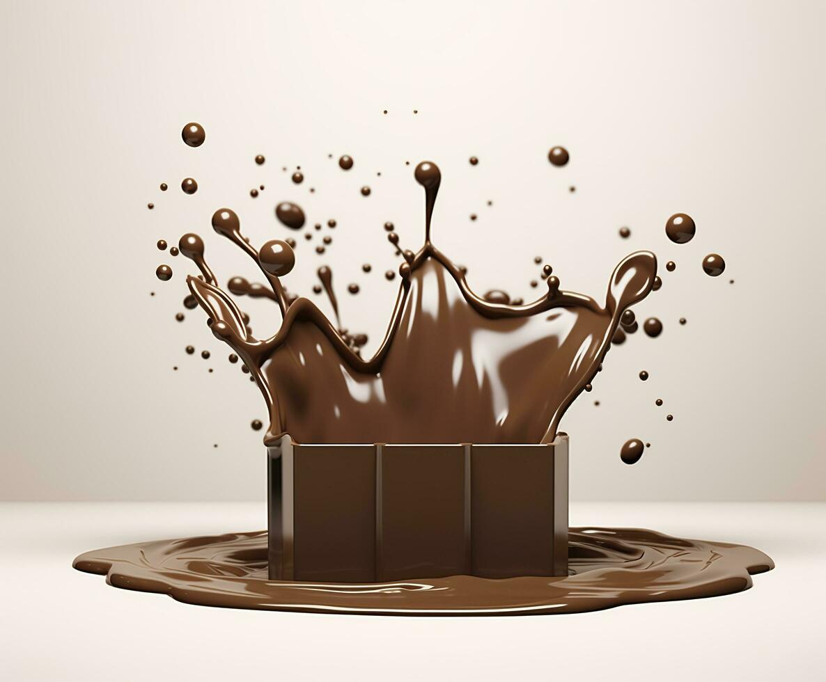 Chocolate splash with a podium, mockup background for milk product display, 3d. Generative AI photo