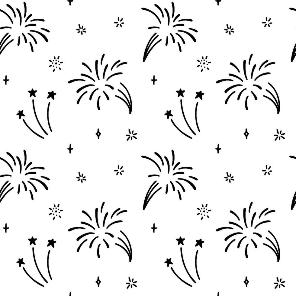 Cute line doodle firework seamless pattern. Vector illustration. Holiday event design. Christmas salute.