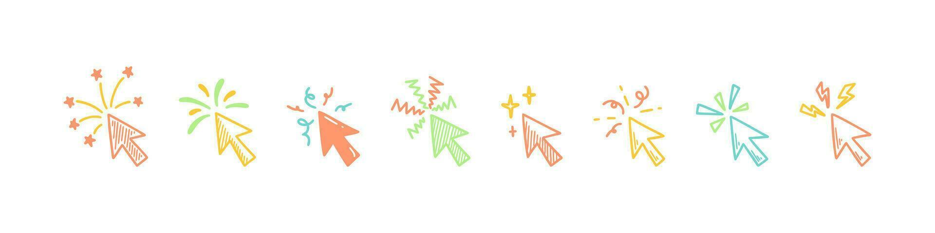 Holiday firework, sparkle and glitter arrow pointers. Doodle click cursor. Merry Christmas and happy new year design element. Festive sketch vector illustration