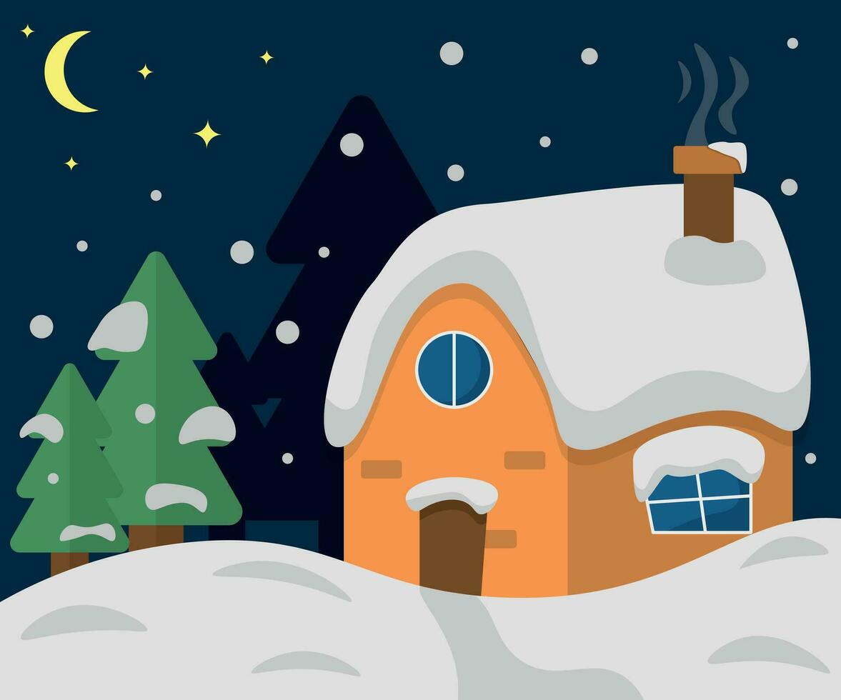 Winter house with snow and trees at night, snowy winter vector