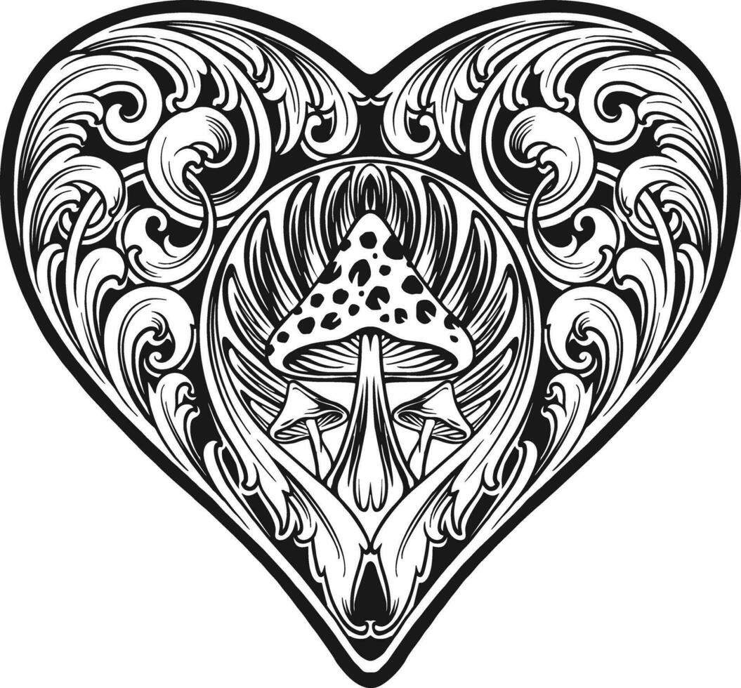 Ornate heart shape with enchanted fungi outline vector illustrations for your work logo, merchandise t-shirt, stickers and label designs, poster, greeting cards advertising business company or brands.