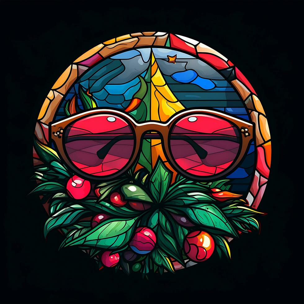 A Colorful Christmas Stained Glass With Sanglass Vector Art Illustration Background Generative AI photo