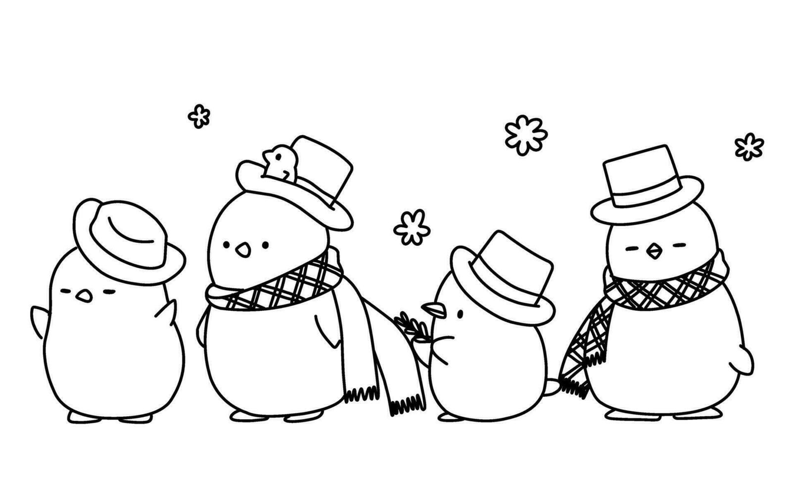 Cute funny family of snowmen. Coloring page for children.Merry Christmas coloring book vector