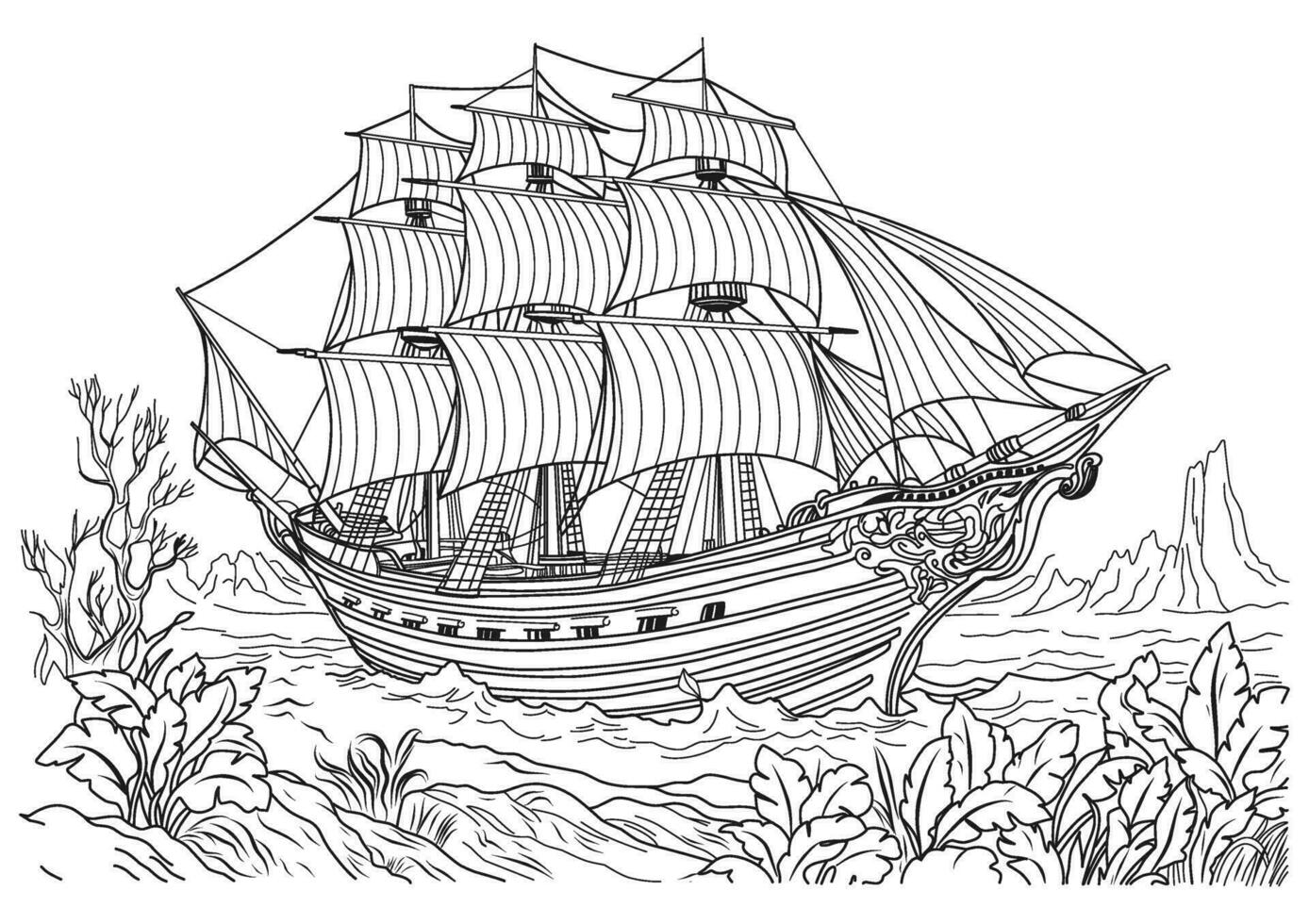 Sunken ancient ship. Coloring page of a ship with sails. vector