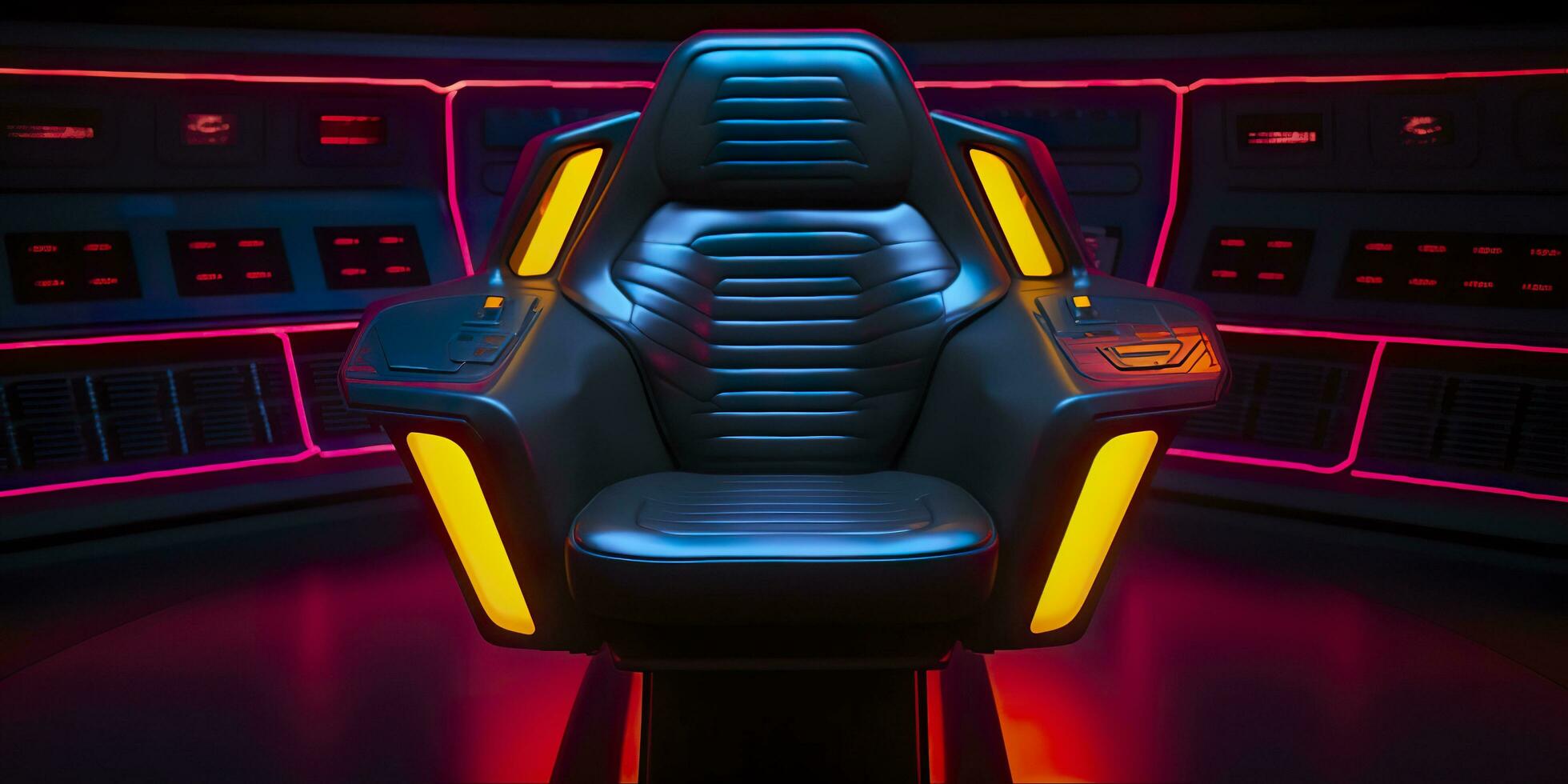 80s Inspired Captain Chair from Star Trek with Neon Lights and Cockpit Interior Background. AI Generative photo