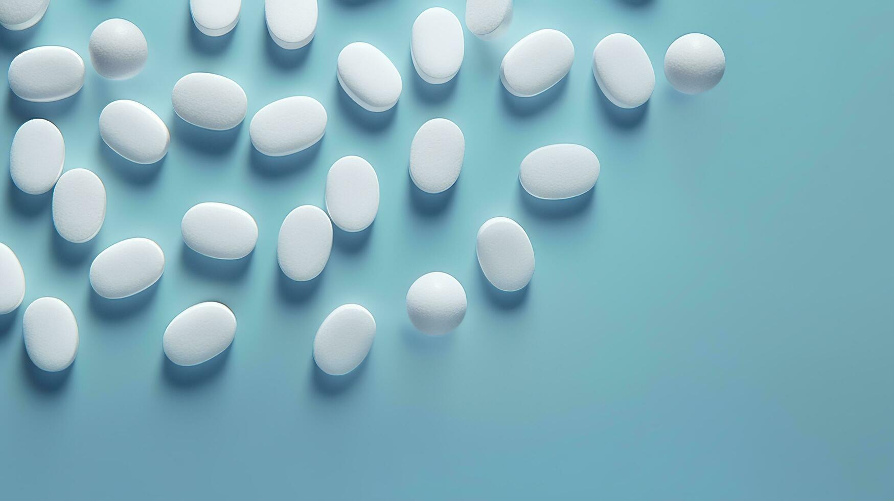 Top view white medicine tablets antibiotic pills on a soft blue background, copy space, Pharmacy theme, AI Generative photo