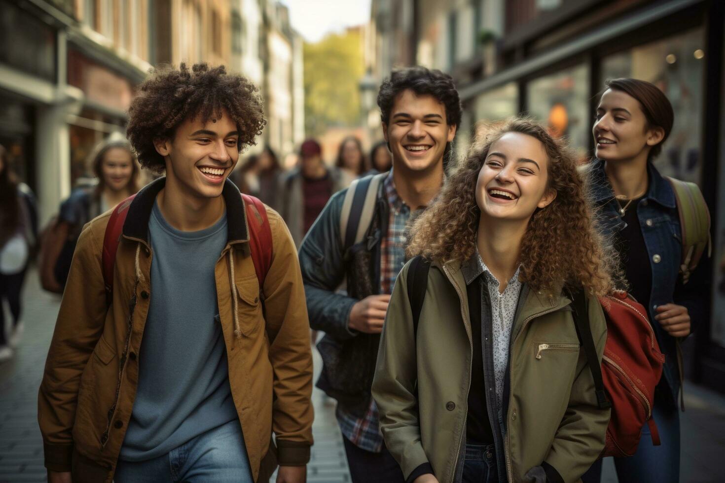 Happy college kids walking photo