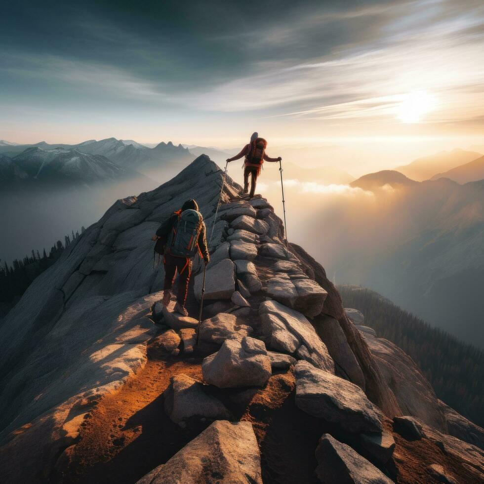 Breathtaking photo of adventurous hikers reaching the summit of a mountain peak