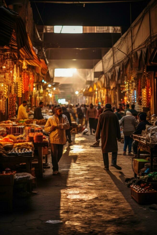 Intriguing image of a local market in Marrakech, Morocco, bustling with vendors and shoppers photo