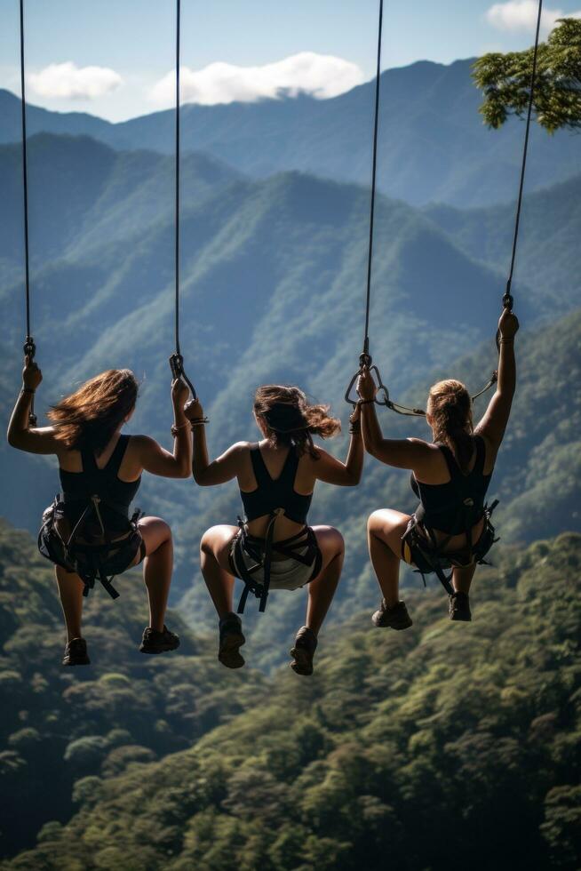 Exhilarating photo of a group of friends soaring through the air on a zip line