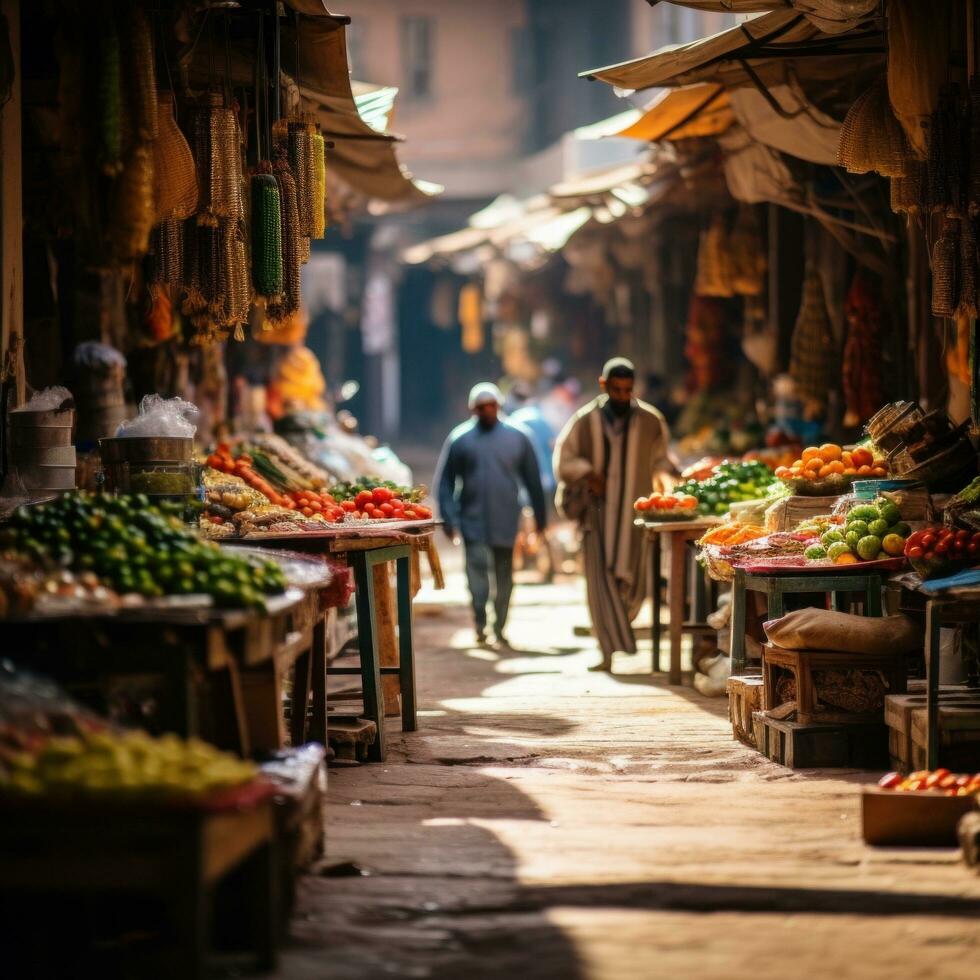 Intriguing image of a local market in Marrakech, Morocco, bustling with vendors and shoppers photo