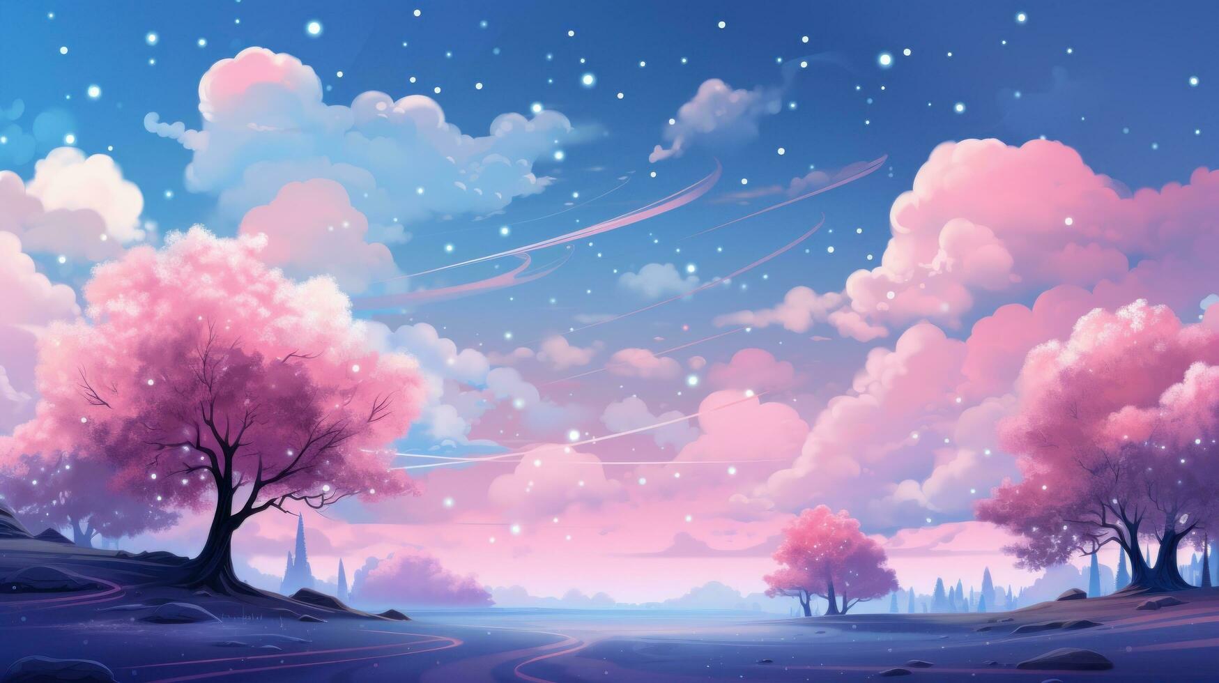 Blue and pink cloudy sky with white stars photo