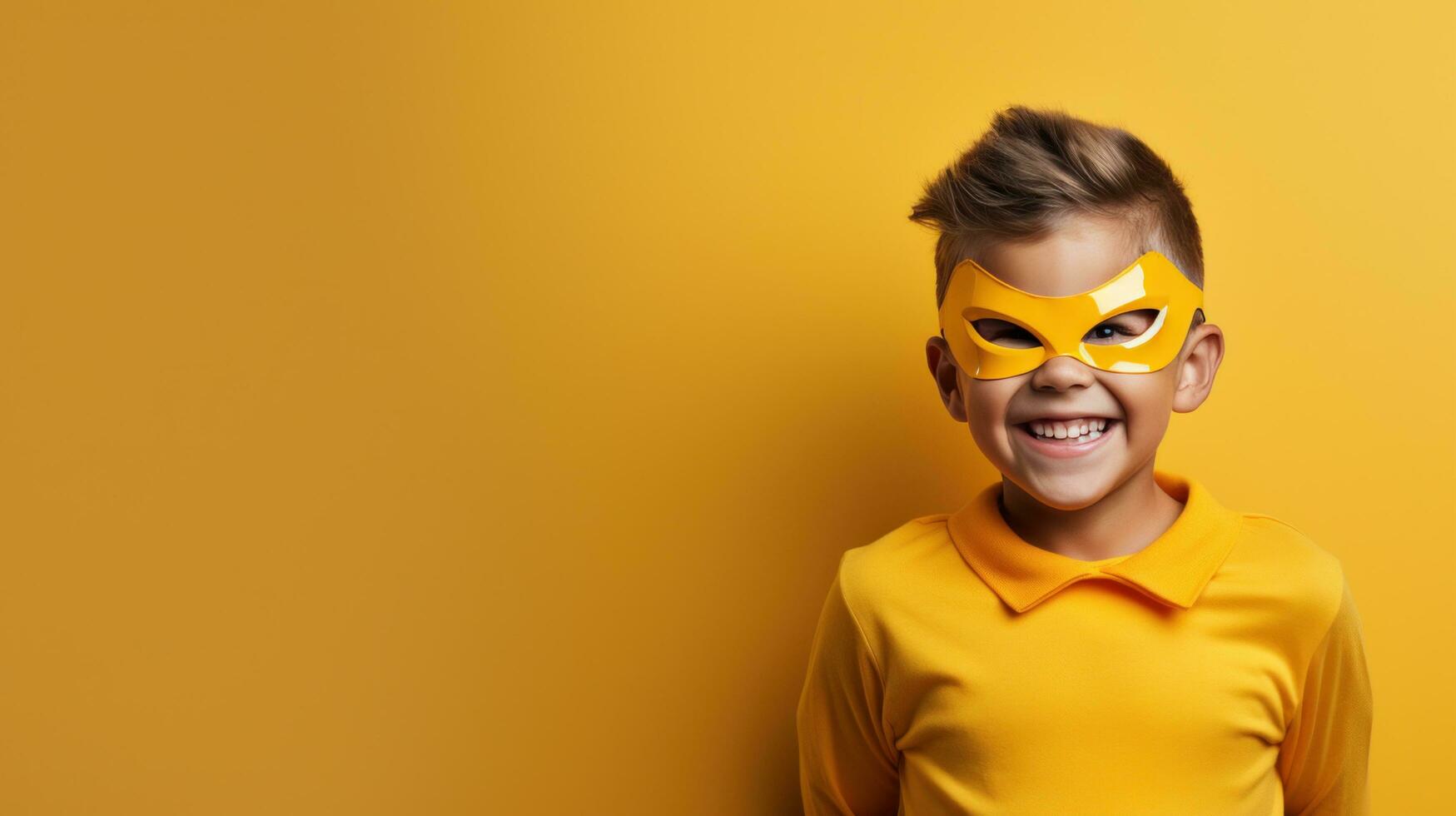 A young boy wearing a superhero costume stands in a triumphant pose photo