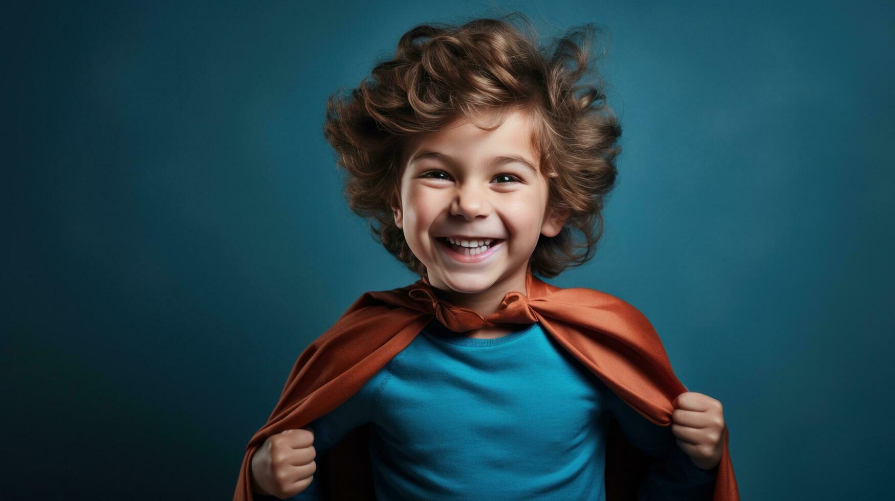 A young boy wearing a superhero costume stands in a triumphant pose photo