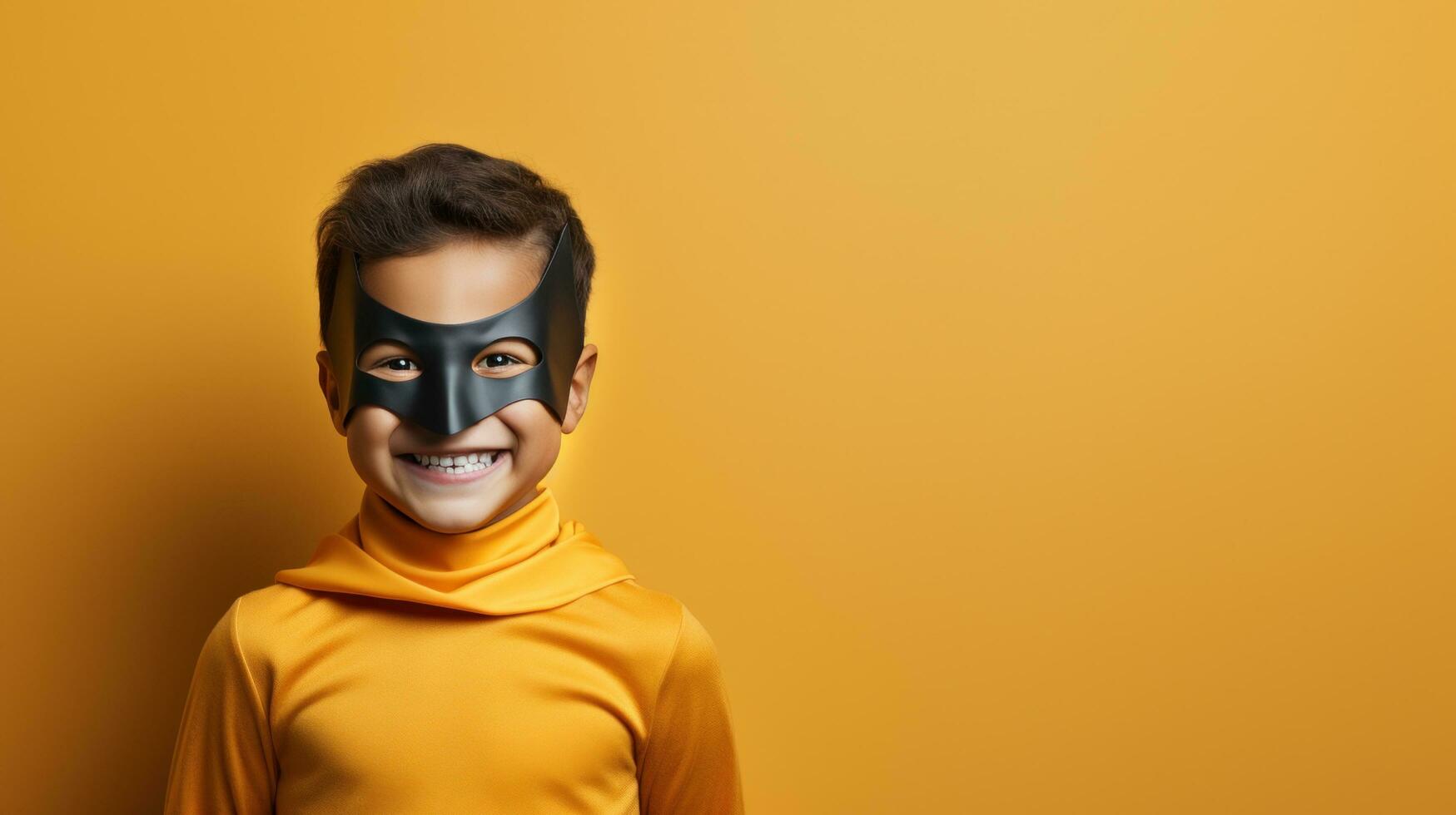 A young boy wearing a superhero costume stands in a triumphant pose photo