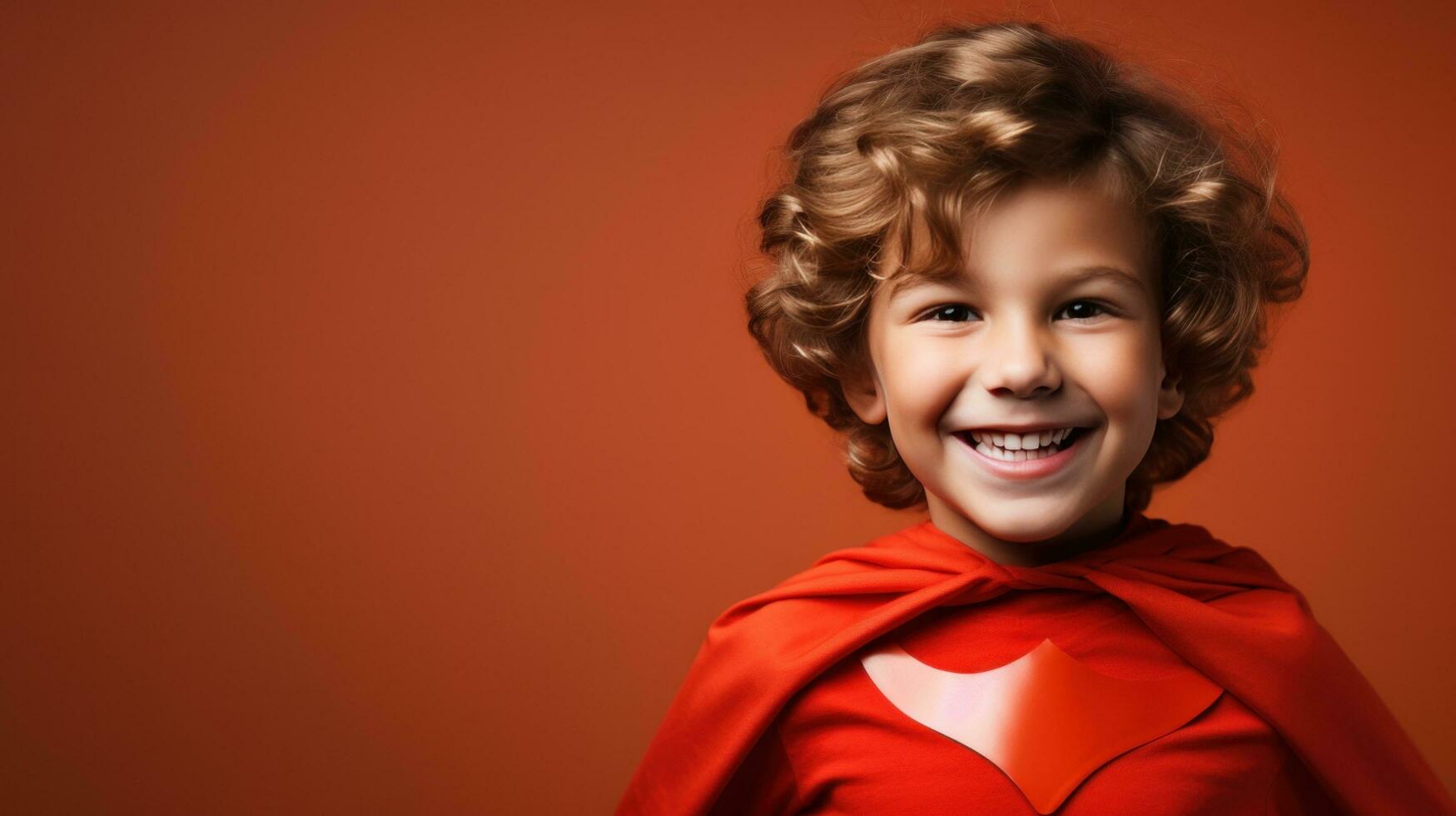 A young boy wearing a superhero costume stands in a triumphant pose photo