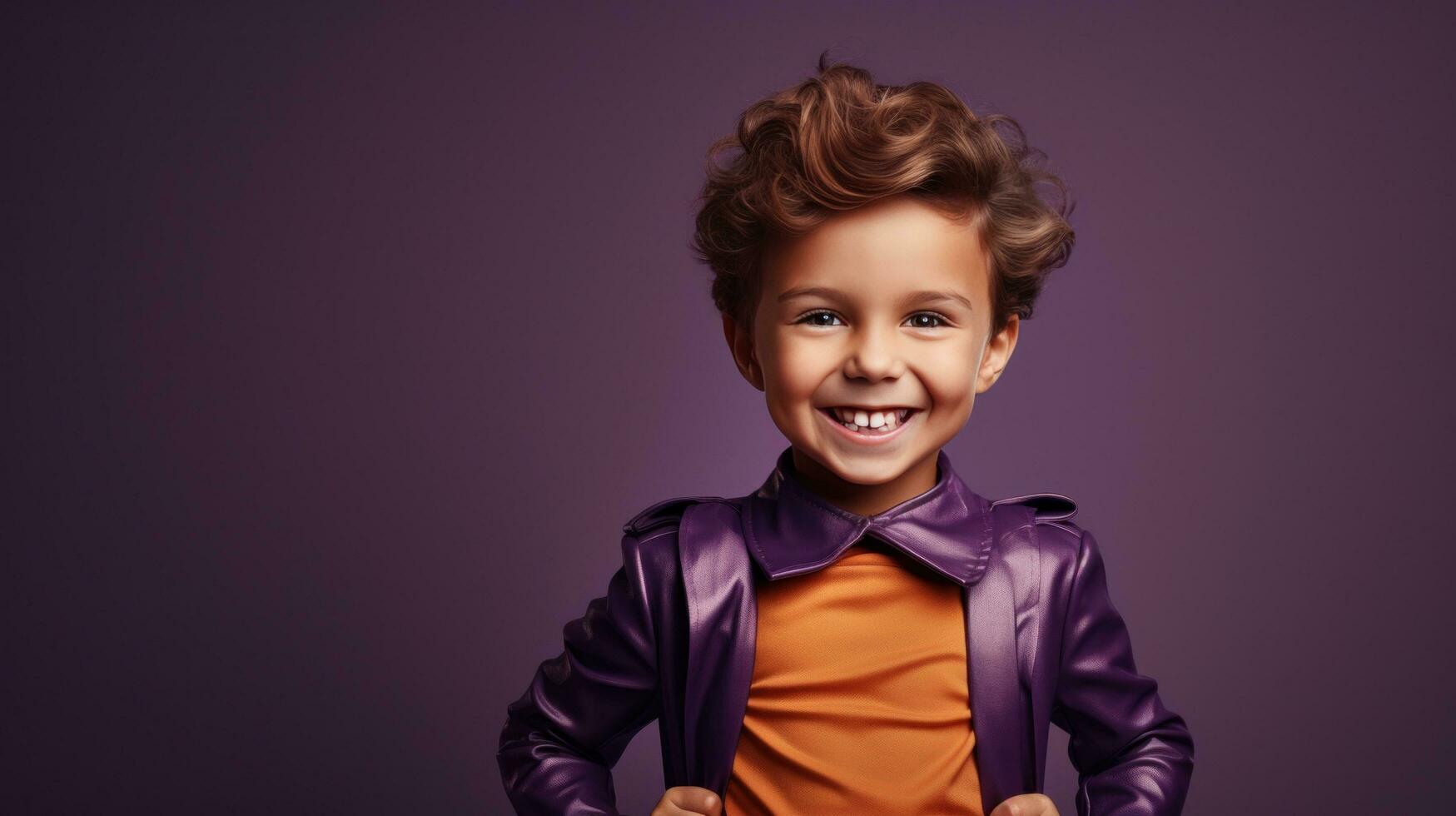 A young boy wearing a superhero costume stands in a triumphant pose photo