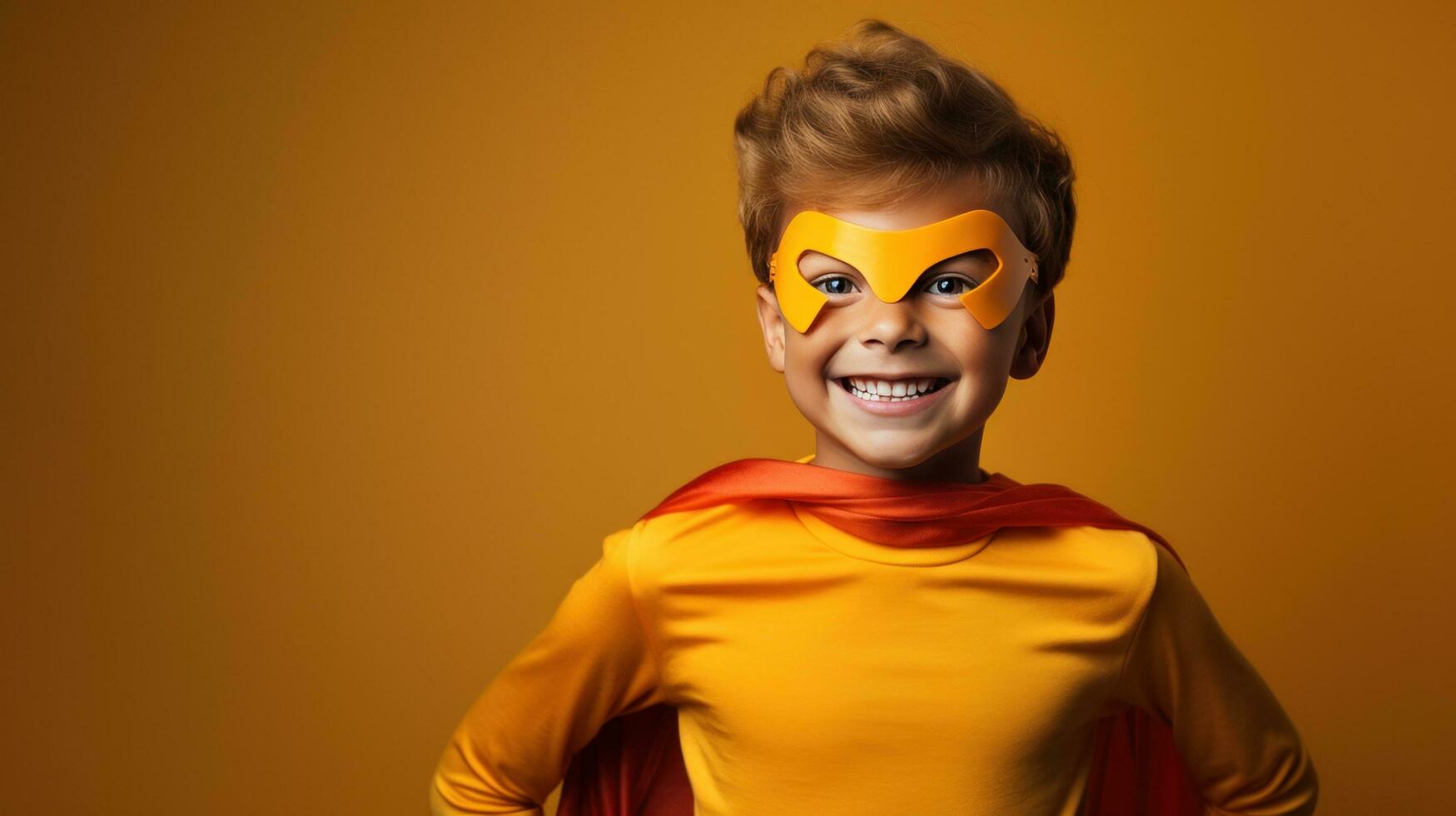 A young boy wearing a superhero costume stands in a triumphant pose photo