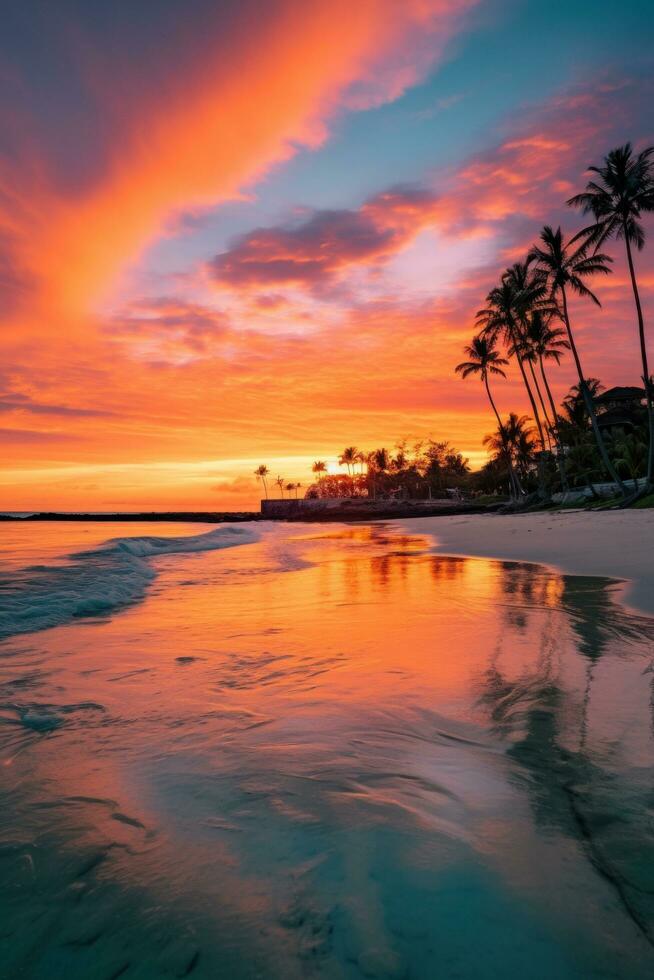 el parte superior conmoción foto de un viaje destino tema capturas el maravilloso puesta de sol terminado el blanco arena playas