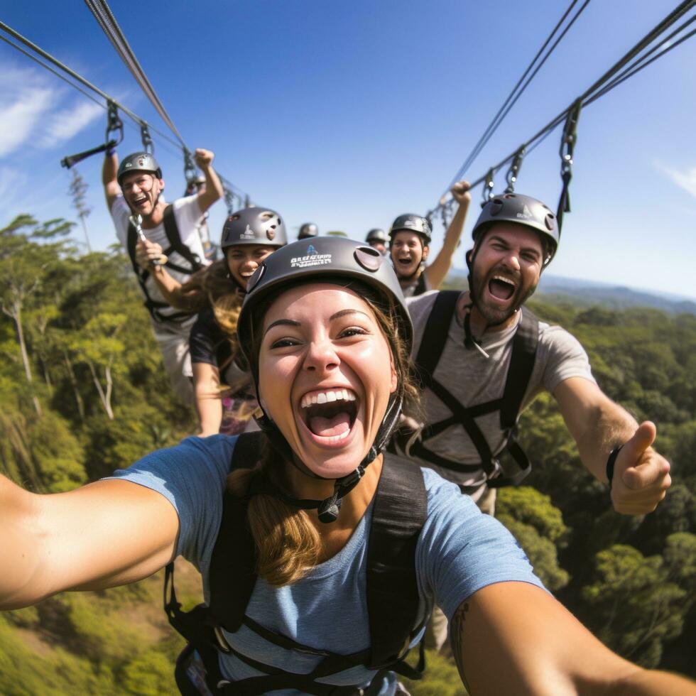 Exhilarating photo of a group of friends soaring through the air on a zip line