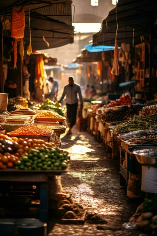 intrigante imagen de un local mercado en marrakech, Marruecos, bullicioso con vendedores y compradores foto