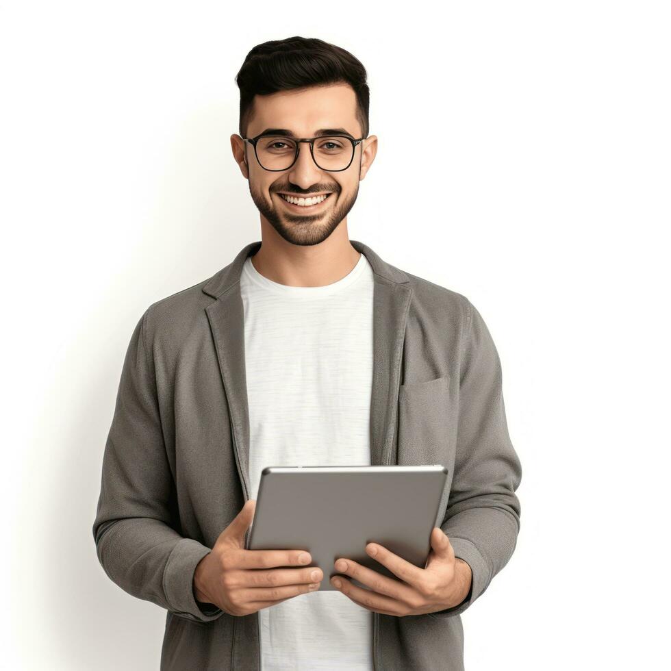 Smiling Young Middle Eastern Man With Digital Tablet In Hands isolated photo