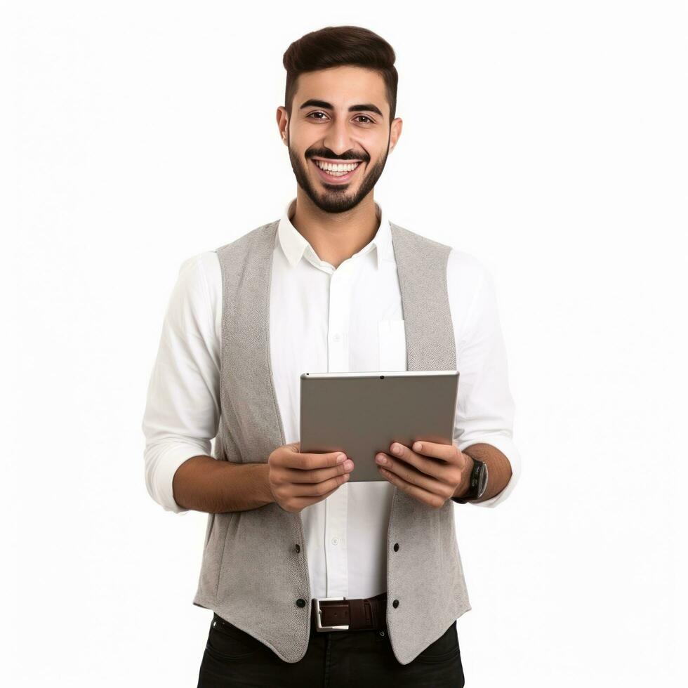 Smiling Young Middle Eastern Man With Digital Tablet In Hands isolated photo