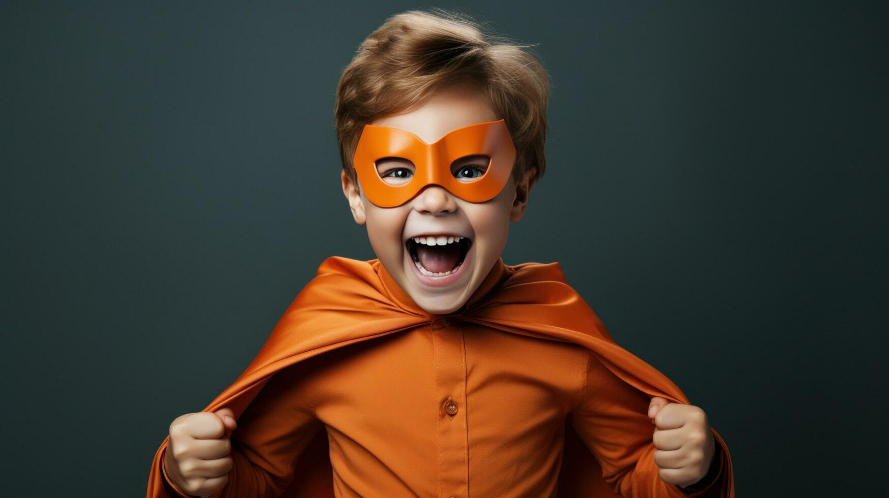 A young boy wearing a superhero costume stands in a triumphant pose photo