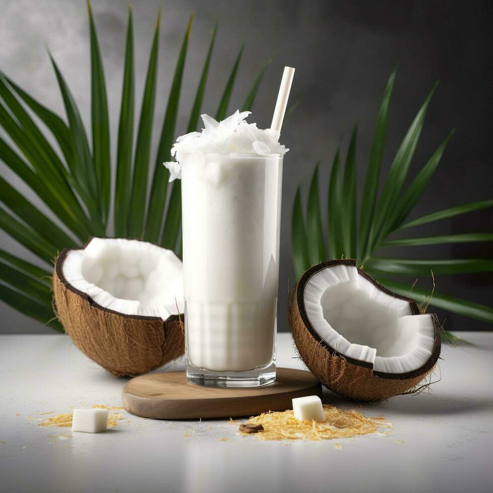 Coconut milk shake glass with fresh sliced coconut. Generative AI photo