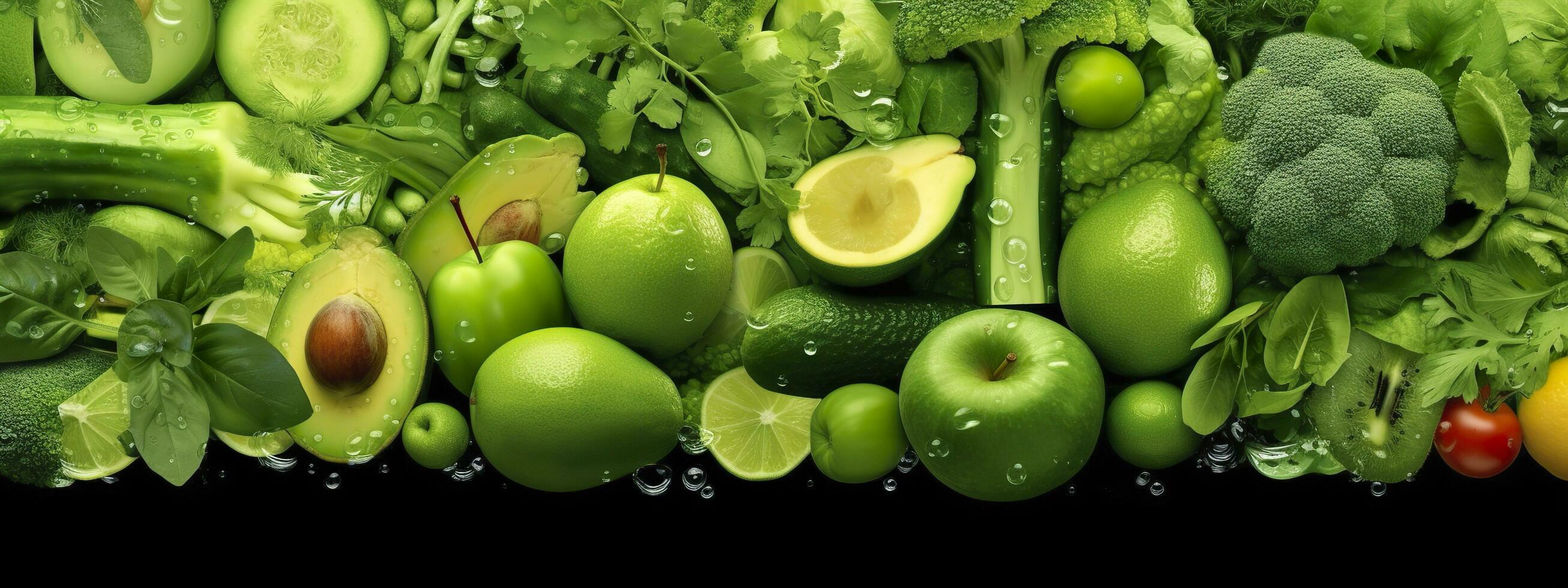Banner layout of green fruits and vegetables. Generative AI. photo