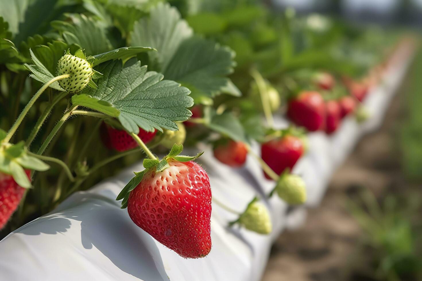 Bush of ripe organic strawberries in the garden. Berry closeup. Generative AI photo