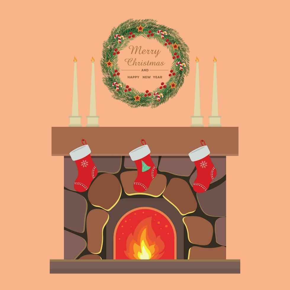 Christmas card with fireplace. vector