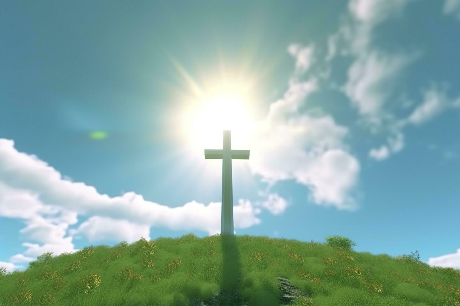 The cross of God with green Leaf, in the rays of the sun and blue sky. Cross on the hill with green trees and graeen natural view. Religious concept, AI Generative photo