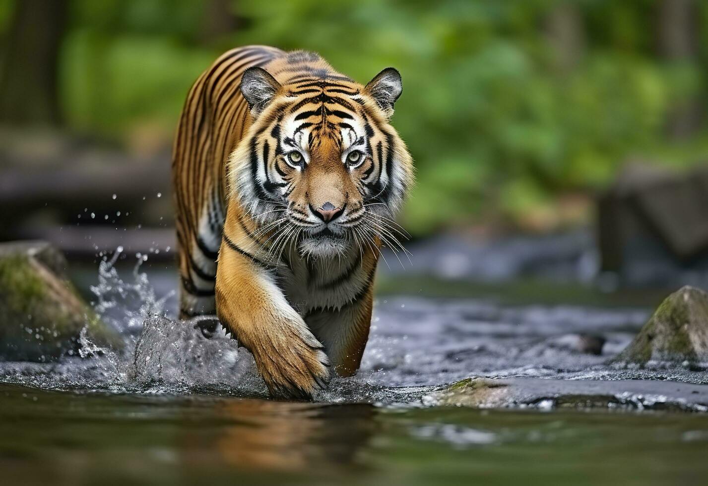 Amur tiger walking in the water. Dangerous animal.  Animal in a green forest stream. Generative AI photo