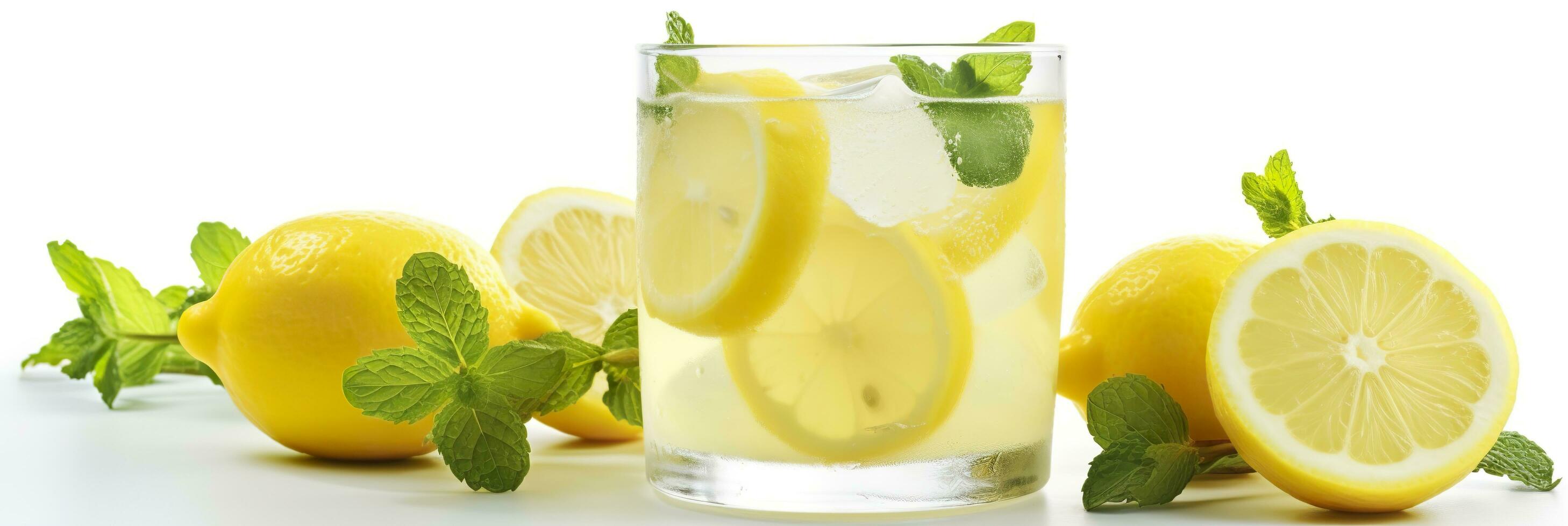 Lemonade in a glass with fresh lemons and mint. Cold summer drink with copy space. Generative AI photo