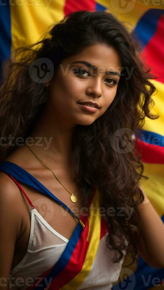 un hermosa niña es participación el bandera de Colombia. ai generado foto