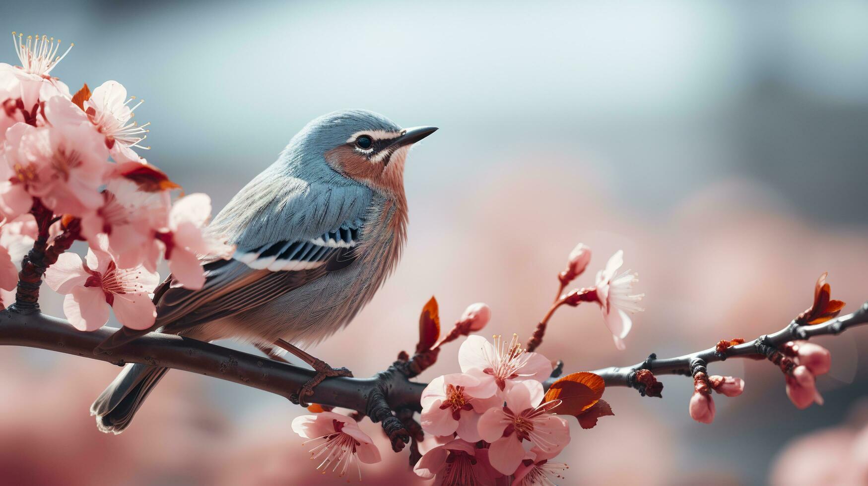 Birds sitting in a tree filled with cherry blossom flowers. Generative AI photo