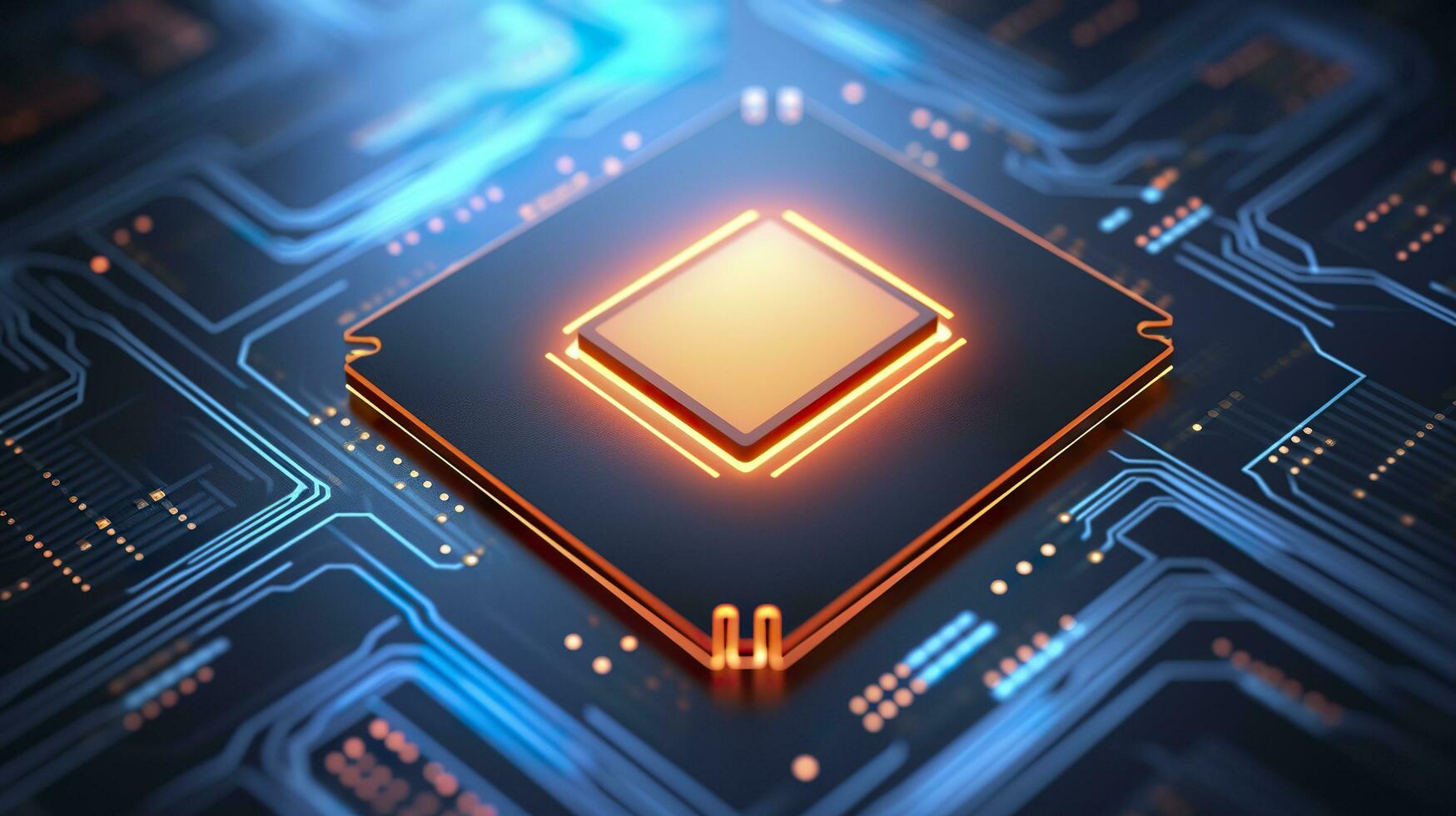 Top View of a Chip with Glowing Light and Fog in Orange and Blue. AI Generative photo