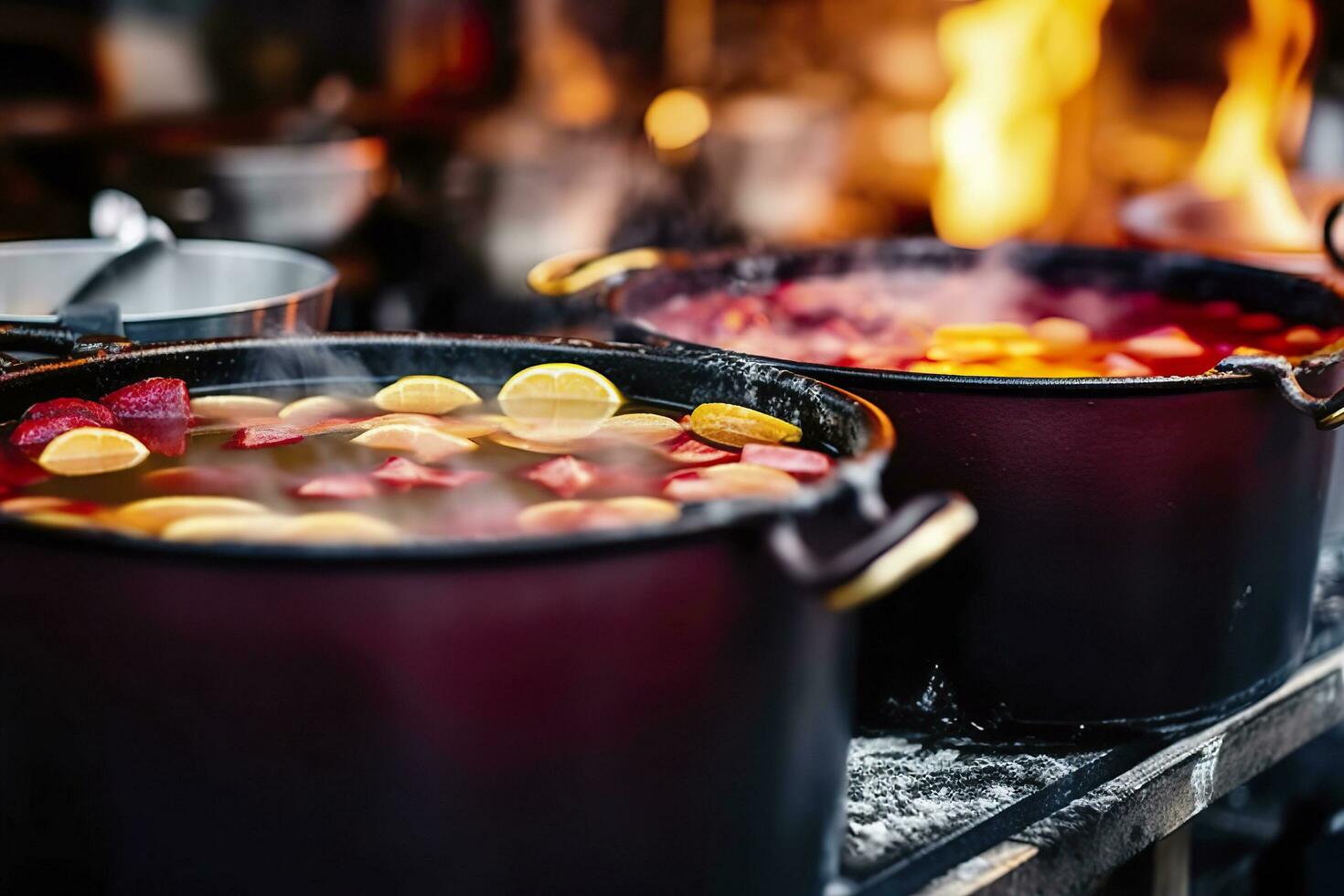 Beverages fruits and berries hot mulled wine in pots with steam in street food market. Generative AI photo