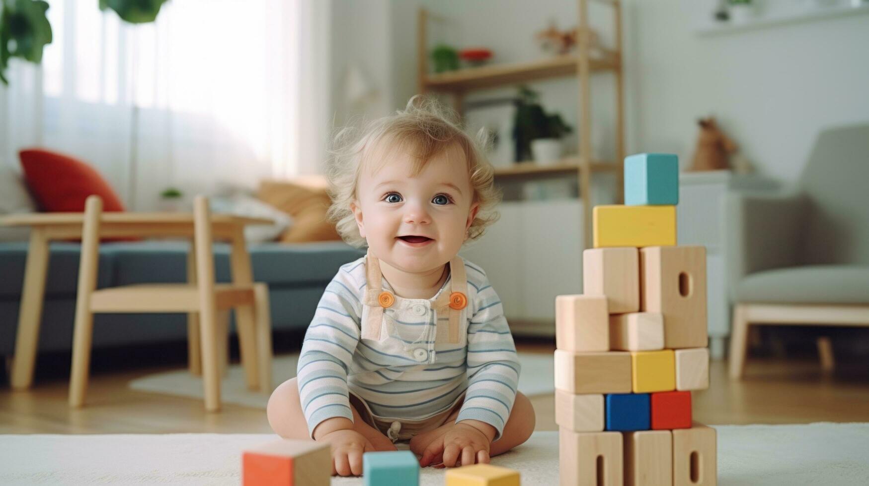 Child plays with colorful building blocks in his living room photo