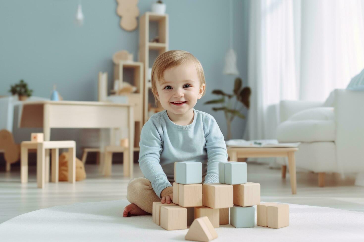 Child plays with colorful building blocks in his living room photo