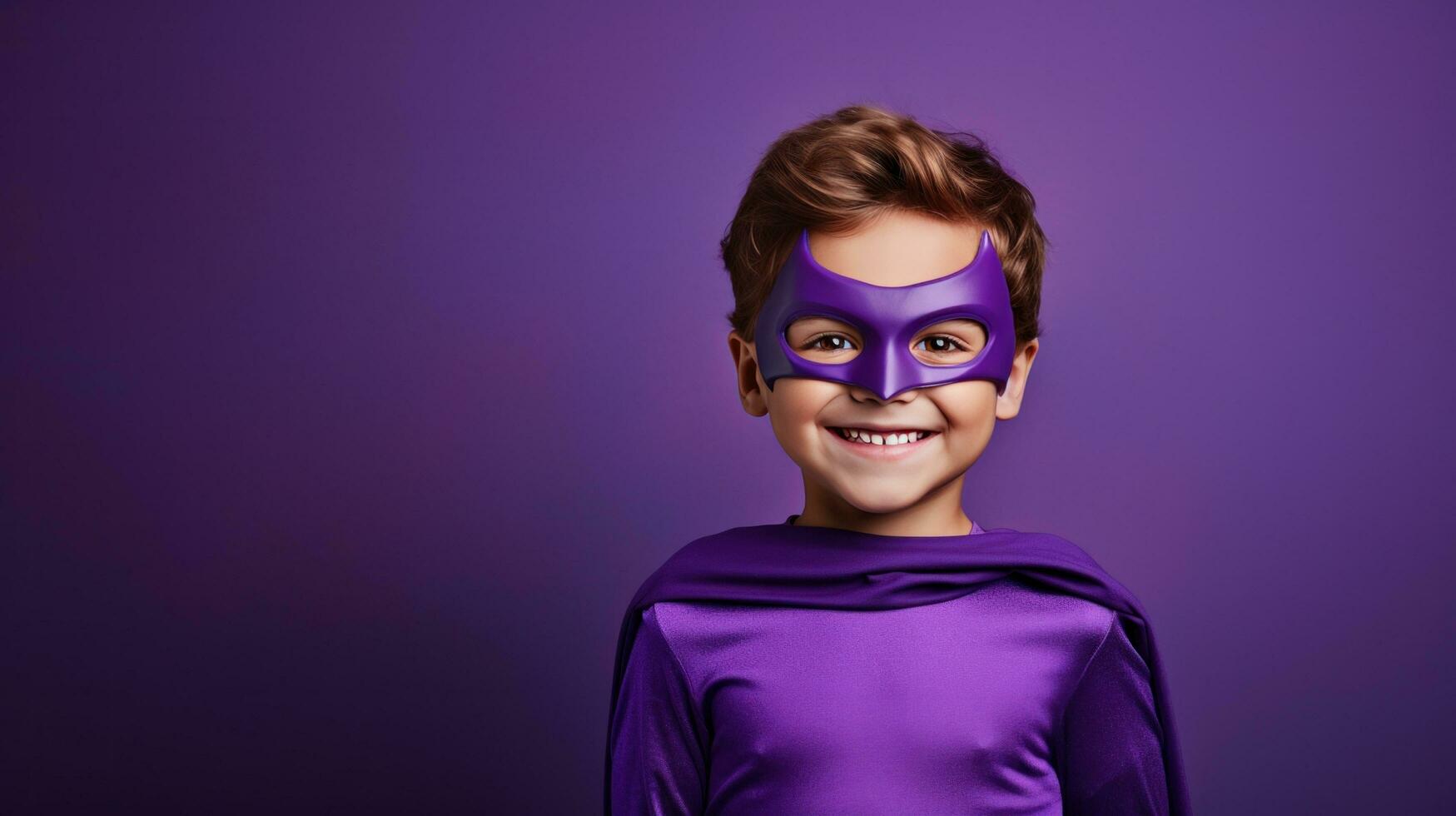 A young boy wearing a superhero costume stands in a triumphant pose photo