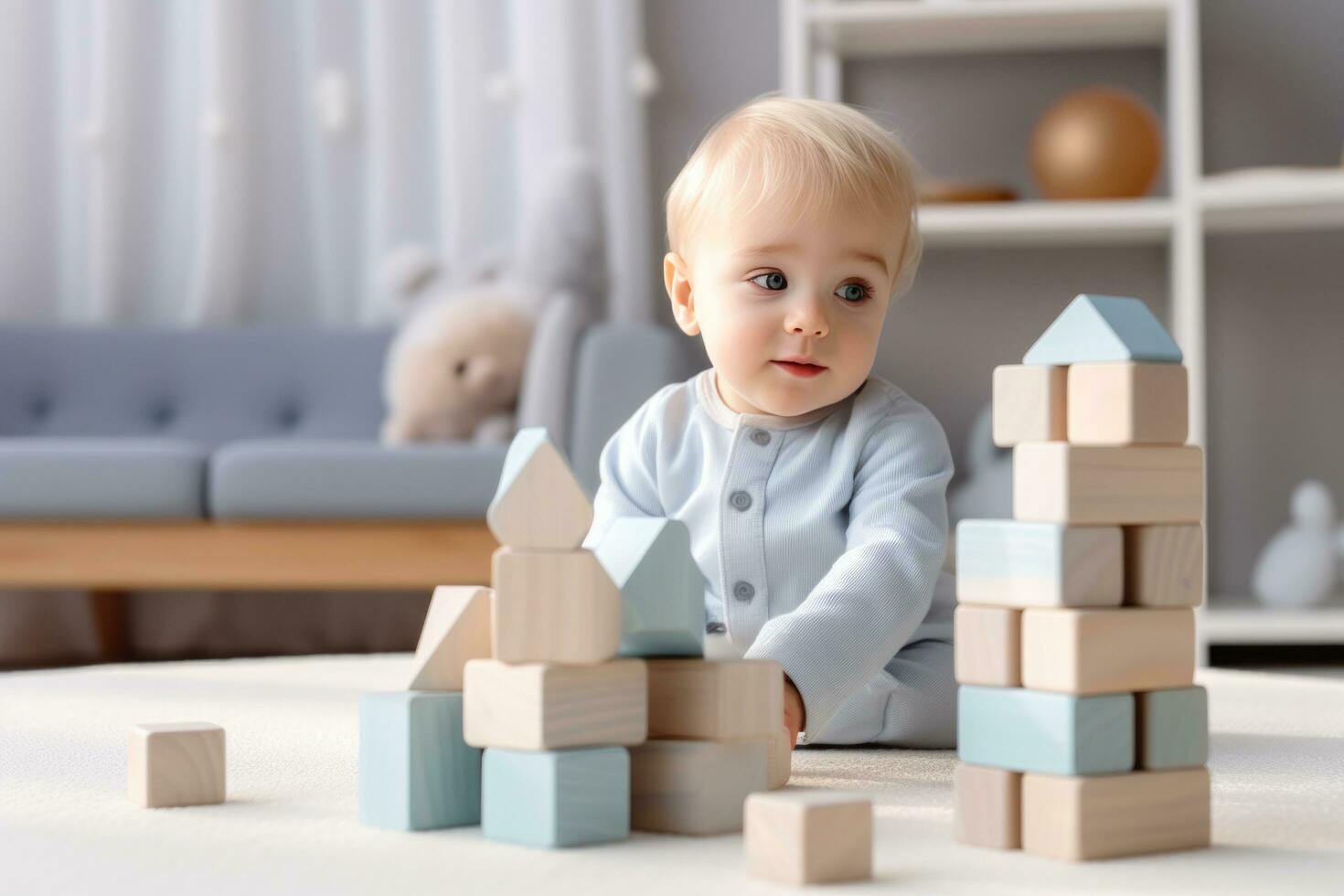 Child plays with colorful building blocks in his living room photo