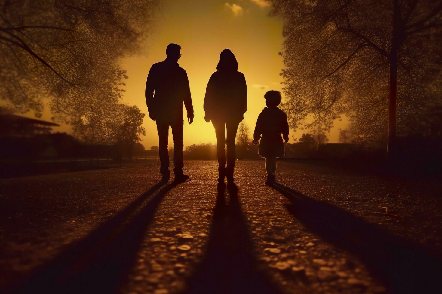 Shadow of Happy family together, parents with their little baby at sunset. A Silhouette of Love and Unity. AI Generative photo