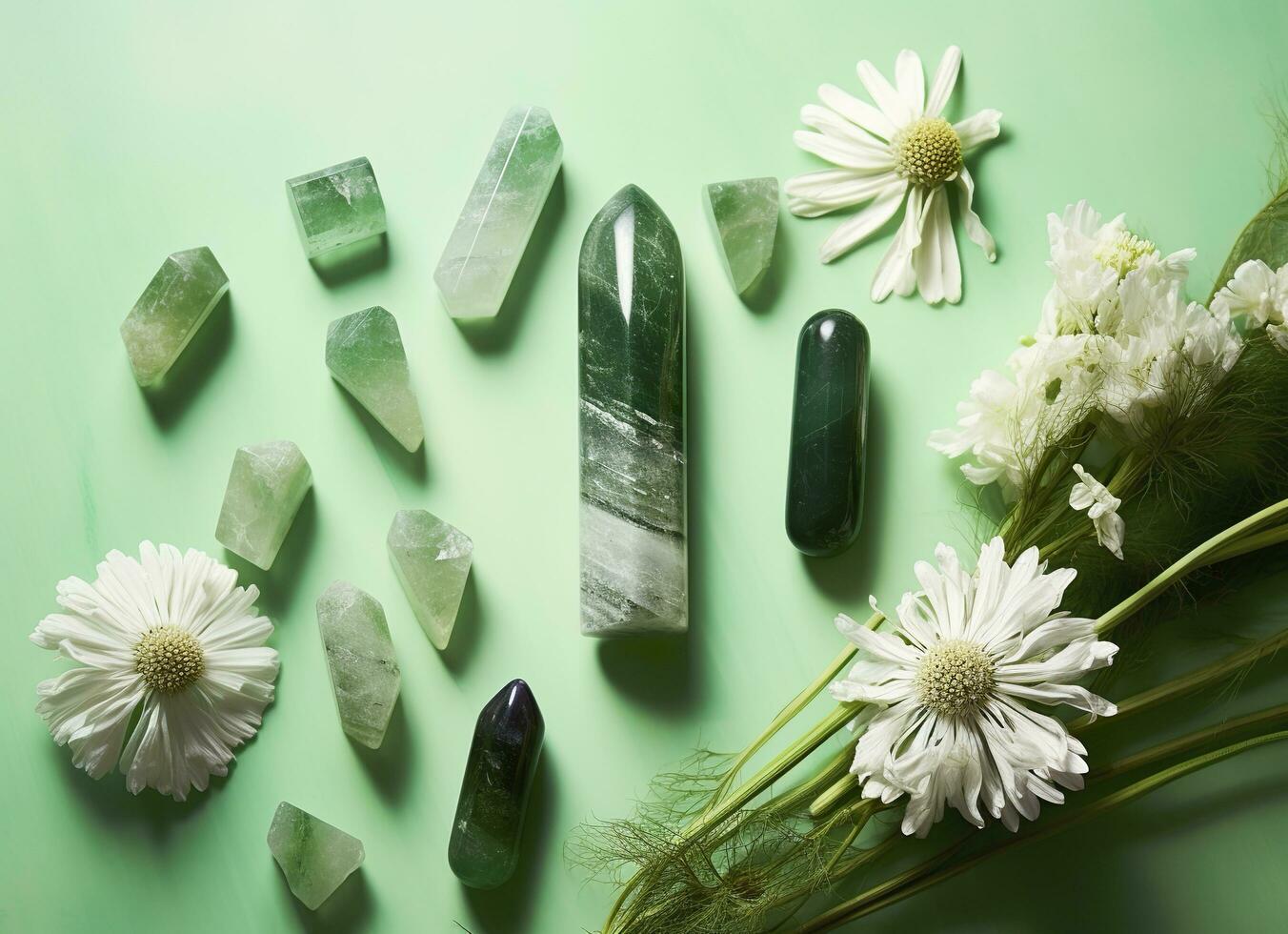 Crystal towers minerals set and white flowers on green abstract background. Generative AI photo