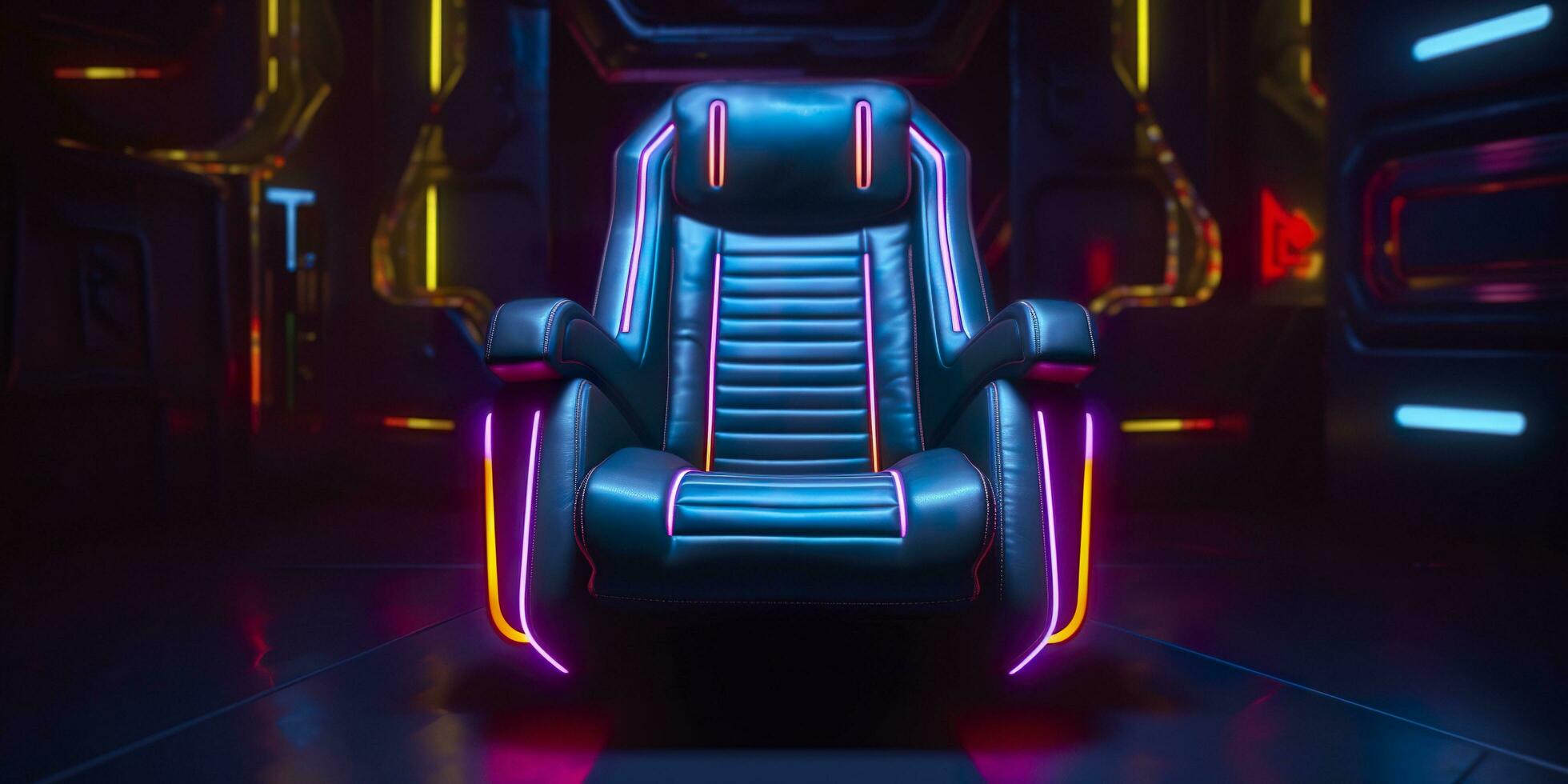 80s Inspired Captain Chair from Star Trek with Neon Lights and Cockpit Interior Background. AI Generative photo