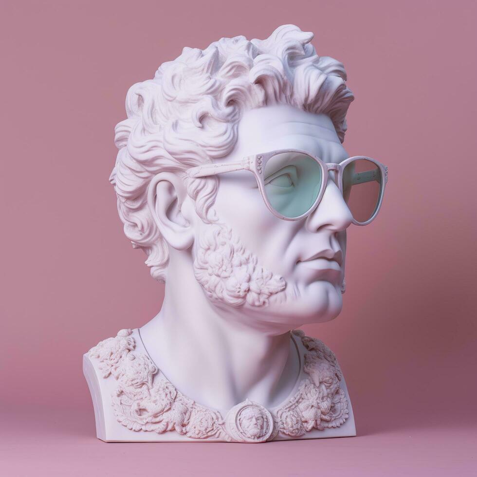 The head of a white mythological statue with fashionable pink glasses on his eyes, frame in profile. AI Generative photo