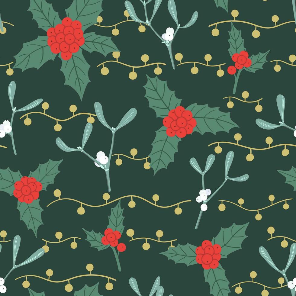 Seamless Christmas pattern with hand drawn decoration elements, holly, mistletoe and garland vector